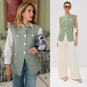 Veronica Beard Tamara Woven Button Front Vest Green White